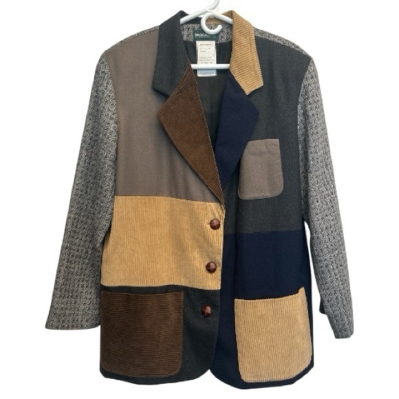 Harvé Benard 100% Wool Patchwork Tailored Blazer Jacket Corduroy Trim Size 16 - Picture 1 of 11